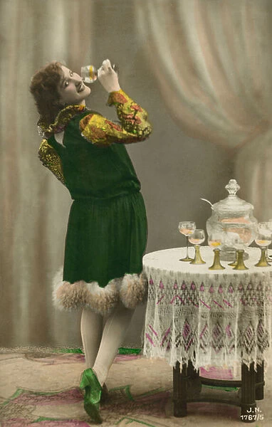 Pretty girl enjoying a glass of wine punch (colour litho)