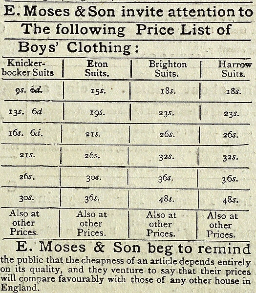 Price List for E. Moses & Son, 1870
