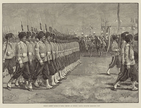Prince Albert Victor in India, Review at Poonah, Native Infantry marching past (engraving)