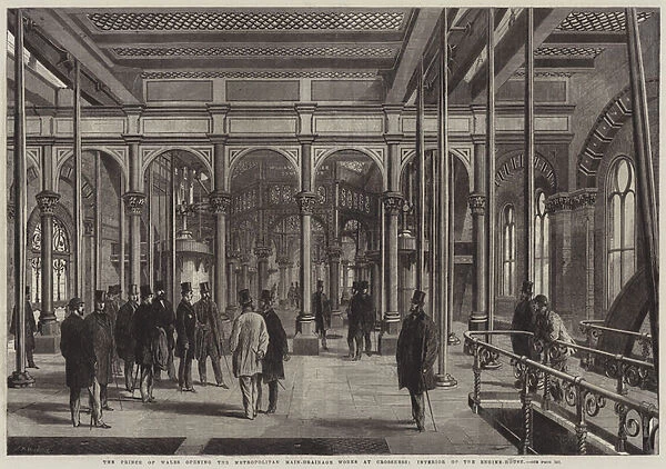 The Prince of Wales opening the Metropolitan Main-Drainage Works at Crossness, Interior of the Engine-House (engraving)