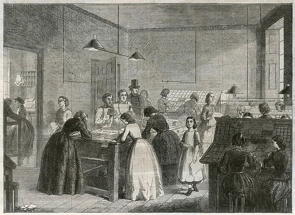 Printing office (Victoria Press) in Great Coram Street, for the employment of women as compositors (engraving)