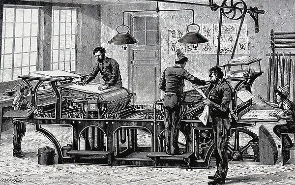 A printing press powered by a steam engine, 1850