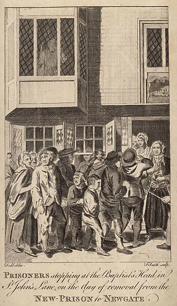 Prisoners stopping at the Baptists Head in St Johns Lane (engraving)