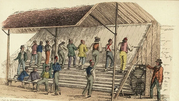 Prisoners walking on Sir William Cuban's treadmill or treadwheel in an English gaol. Handcoloured copperplate engraving from William Henry Pyne's The World in Miniature: England, Scotland and Ireland, Ackermann, 1827