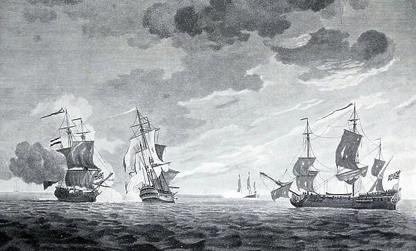 The privateers Prince Frederick and Duke taking the Marques D'Antin and Louis Erasme (line engraving)