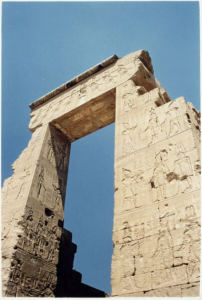 The Pro-Pylon, or North Gate, at the entrance to the temple depicting a pharaoh making