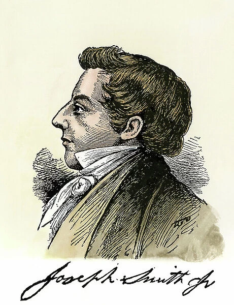 Profile portrait of Joseph Smith (1805-1844) American founder of Mormonism with his signature. Colour engraving of the 19th century