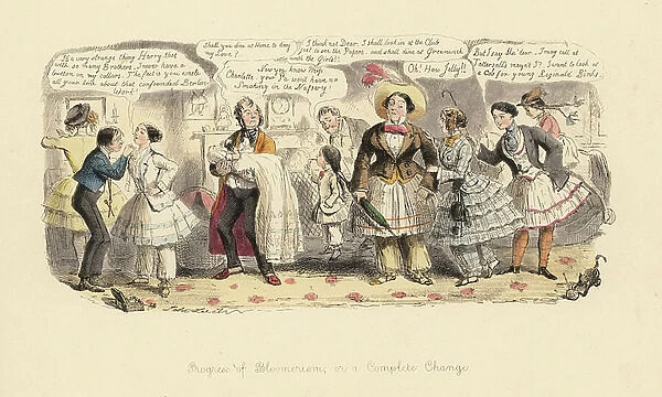 Progress of Bloomerism, or a Complete Change, 1852. Gentleman holding a baby while his wife in skirt and bloomers leaves for her club with her girls. Handcoloured etching by John Leech from Follies of the Year, from Punchos Pocket Books, Bradbury