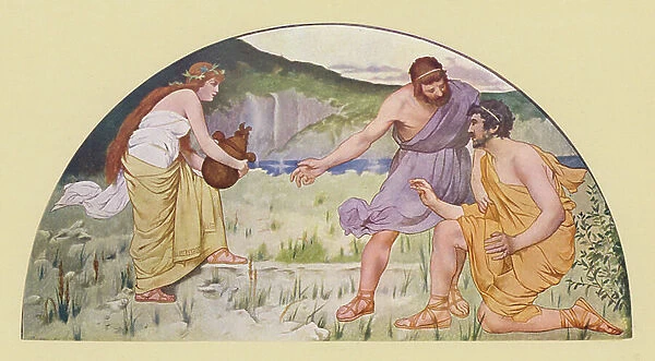 Prometheus cautioning Epimetheus against Pandora (colour litho)