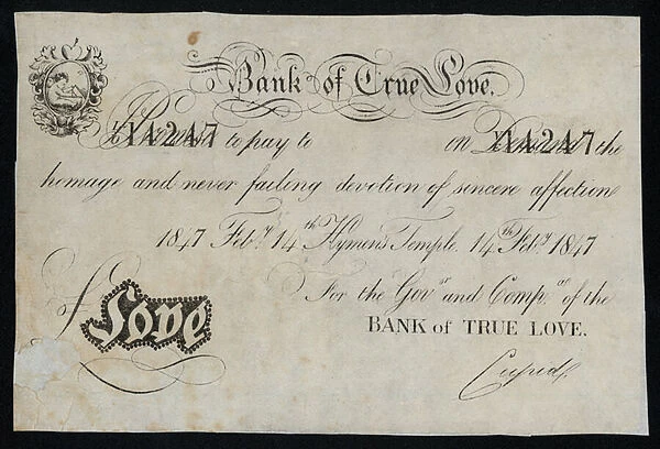 Promissory note from the Bank of True Love, Victorian Valentines Day card, 1847 (litho)