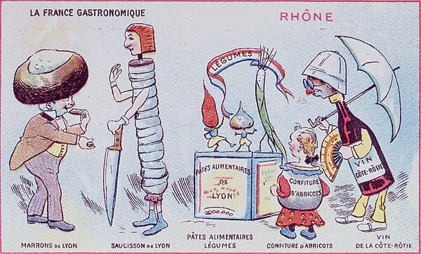 Promotional and educational card for children of food specialities of the Rhone region, c