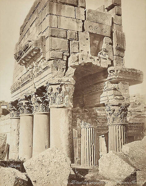 Detail of the pronaos of the Temple of Bacchus, in the archeological zone of Heliopolis or Baalbek, ancient Syrian city, now Lebanon
