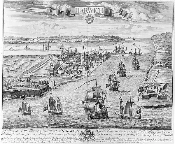 A Prospect of the Towne and Harbour of Harwich (engraving) (b  /  w photo)