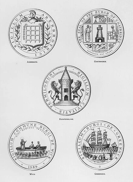 Public arms: Arbroath; Coatbridge; Dunfermline; Wick; Greenock (engraving)