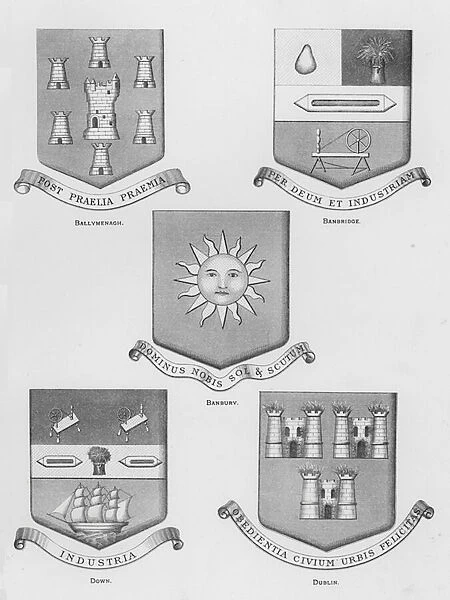 Public arms: Ballymenagh; Banbridge; Banbury; Down; Dublin (engraving)