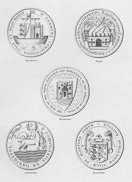 Public arms: Beaumaris; Tenby; Welshpool; Hartlepool; Blandford (engraving)