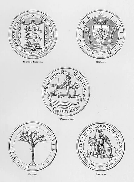 Public arms: Chipping Sodbury; Saltash; Wallingford; Dysart; Fifeshire (engraving)