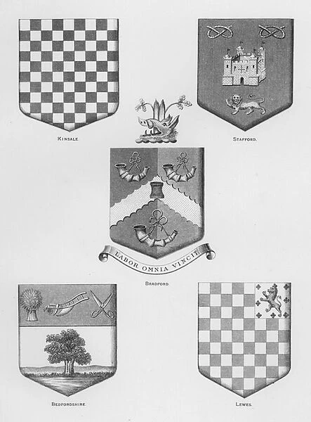 Public arms: Kinsale; Stafford; Bradford; Bedfordshire; Lewes (engraving)