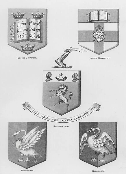 Public arms: Oxford University; London University; Roxburghshire; Buckingham (engraving)