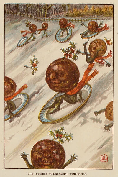 The Puddings Tobogganning Competition (colour litho)