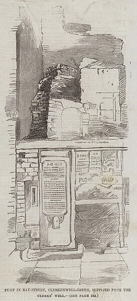 Pump in Ray-Street, Clerkenwell-Green, supplied from the Clerks Well (engraving)