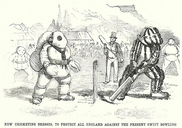 Punch cartoon: New Cricketing Dresses, to Protect All England against the Present Swift Bowling (engraving)