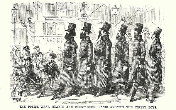 Punch cartoon: The Police Wear Beards and Moustaches. Panic amongst the Street Boys (engraving)