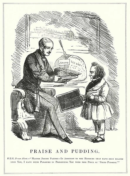 Punch cartoon: Praise and Pudding: Prince Albert rewarding Joseph Paxton for designing the Crystal Palace to house the successful Great Exhibition of 1851 in Hyde Park, London (engraving)