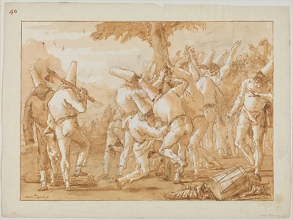 Punchinellos Felling (or Planting) a Tree, c. 1800 (pen & ink on paper)