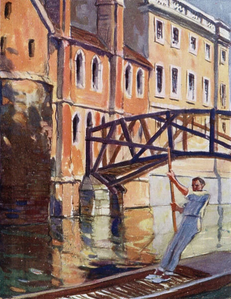 Punting, Queens College (colour litho)