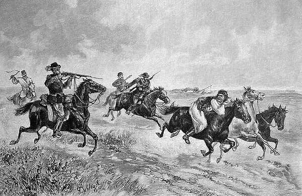 Pursuit of a horse thief in Hungary, historical illustration circa 1893