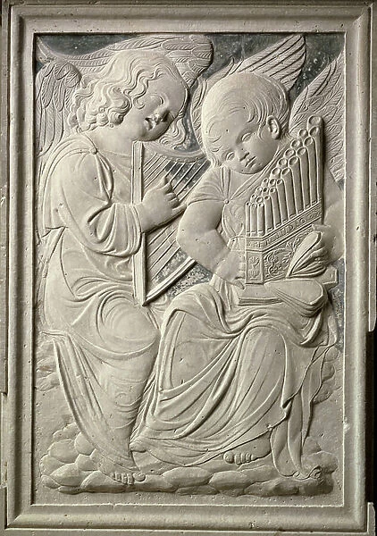 Two putti, one playing the harp and singing, the other playing the portative organ, from the frieze of musical angels in the Chapel of Isotta degli Atti, by Agostino di Duccio (1418-81), c.1450 (marble)