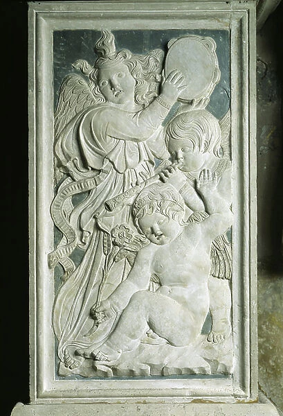 Three putti, one with a tambourine, one with a pipe and one with a rose, from the frieze of musical angels in the Chapel of Isotta degli Atti, by Agostino di Duccio (1418-81), c.1450 (marble)