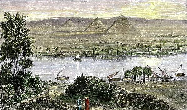 Pyramids of Giza seen from the other side of the Nile in Egypt. 19th century colour engraving