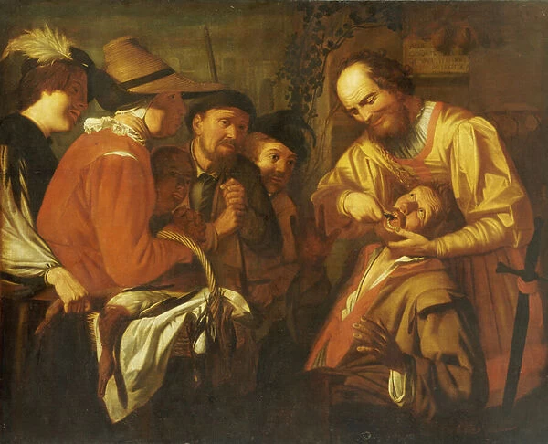 A Quack Dentist extracting a Tooth, while a Group of Onlookers watch nearby