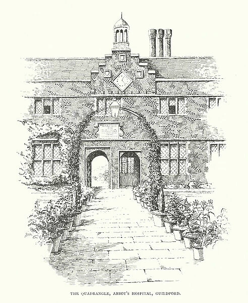 The Quadrangle, Abbot's Hospital, Guildford (litho)