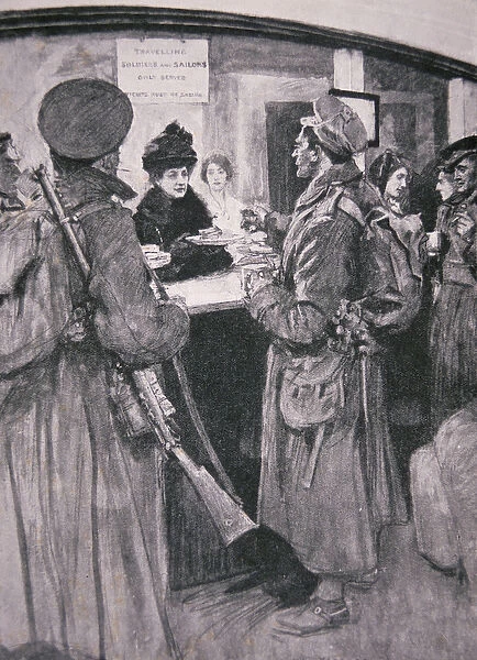 Queen Alexandria serving soldiers from a buffet at London Railway Station (litho)
