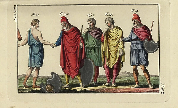 Queen of the Amazons, King Priamus, and Phrygian warriors wearing the chlamis (military cloak). Handcolored copperplate engraving from Robert von Spalart's ' Historical Picture of the Costumes of the Principal People of Antiquity