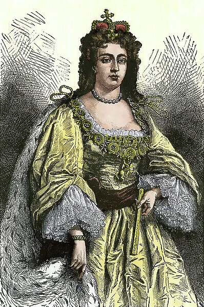 Queen Anne of England (1665-1714) - Queen Anne of England. Hand-colored woodcut of a 19th-century illustration