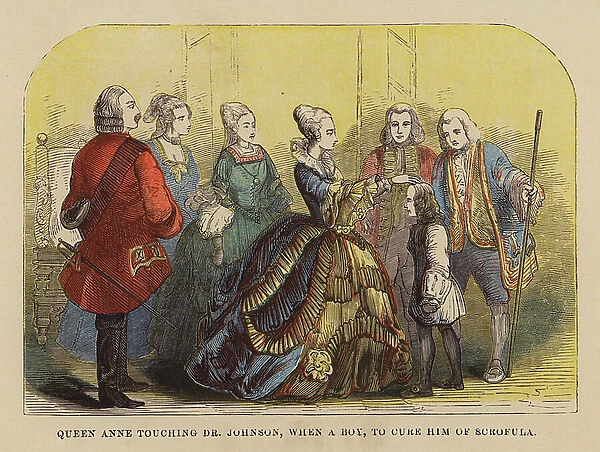 Queen Anne touching Dr Johnson, when a boy, to cure him of scrofula (coloured engraving)
