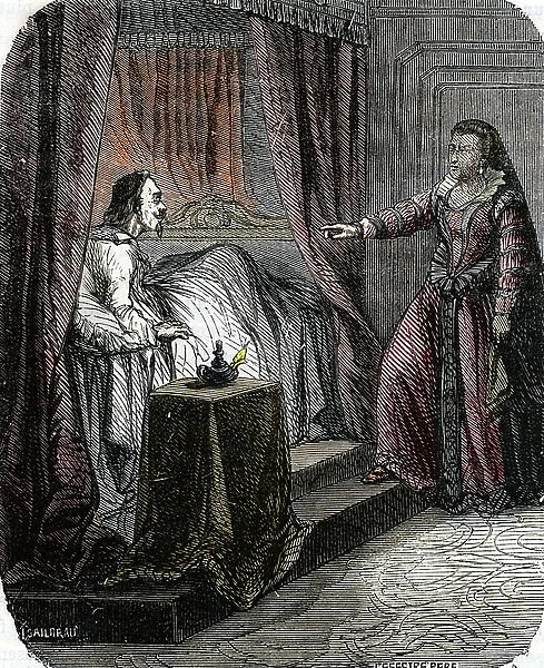 Queen Catherine of Medicis (1519-1589) awakening her astrologer Cosimo Ruggieri (Come, cosm) suspected of conspiracy against King Charles IX, 1574. 19th century (engraving)