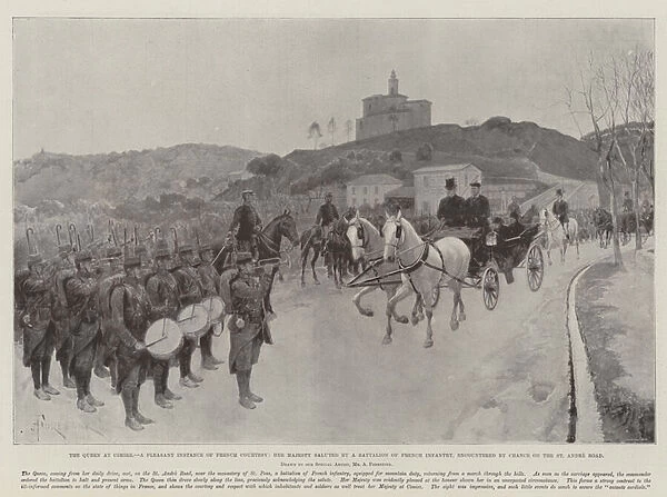 The Queen at Cimiez, a Pleasant Instance of French Courtesy, Her Majesty saluted by a Battalion of French Infantry, encountered by chance on the St Andre Road (litho)