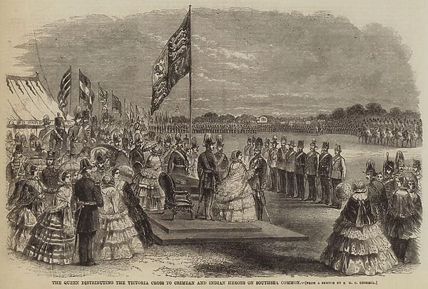 The Queen distributing the Victoria Cross to Crimean and Indian Heroes on Southsea Common (engraving)