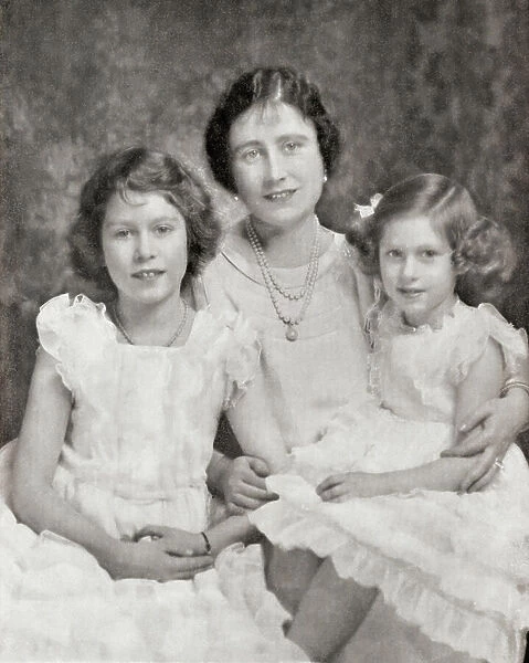 Queen Elizabeth with her daughters Princess Elizabeth, future Queen Elizabeth II, left and Princess Margaret, right, in 1937 (b / w photo)