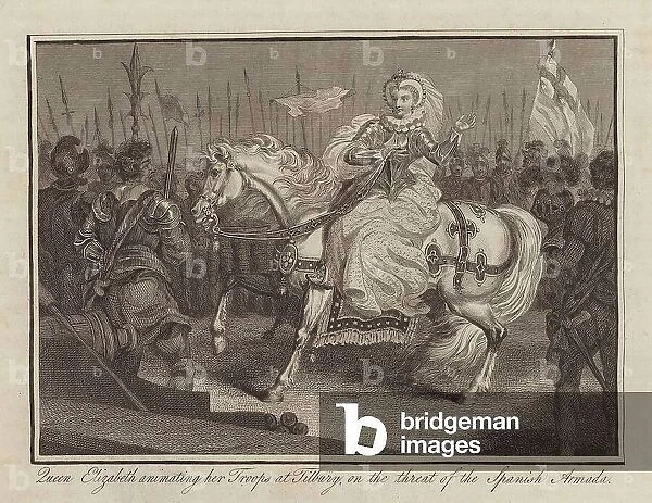 Queen Elizabeth I animating her Troops at Tilbury, on the threat of the Spanish Armada (engraving)