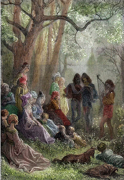 The Queen of France Alienor d'Aquitaine (or Eleonore de Guyenne) during the stay in Antioche during the Second Crusade in 1148 surrounded by her followers and troubadours (Queen Eleanor of Aquitaine (1122 -1204)