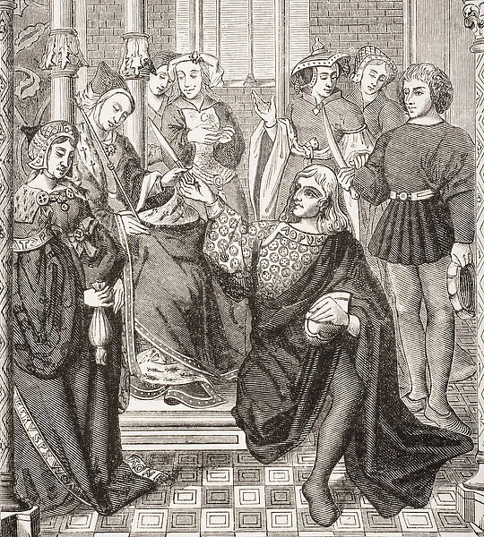 Queen Fredegond gives orders to two men of Terouanne to assassinate Sigbert, King of Austrasia