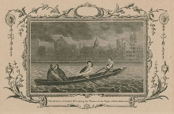 The Queen of King James II crossing the Thames in the night with her infant son (engraving)