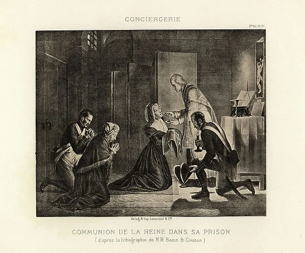 Queen Marie Antoinette taking communion in the Conciergerie, 1885 (lithograph)