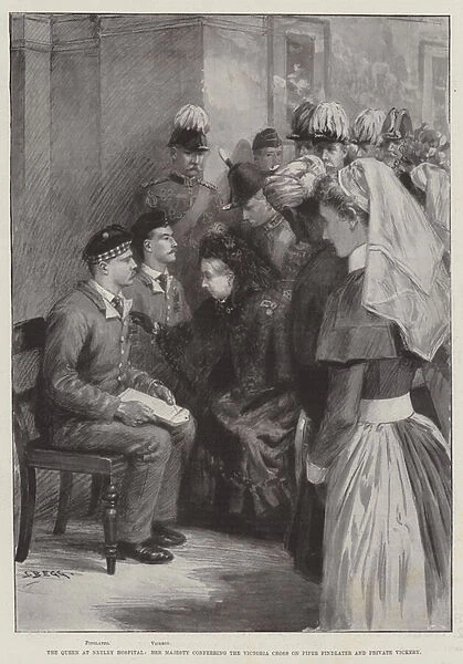 The Queen at Netley Hospital, Her Majesty conferring the Victoria Cross on Piper Findlater and Private Vickery (engraving)